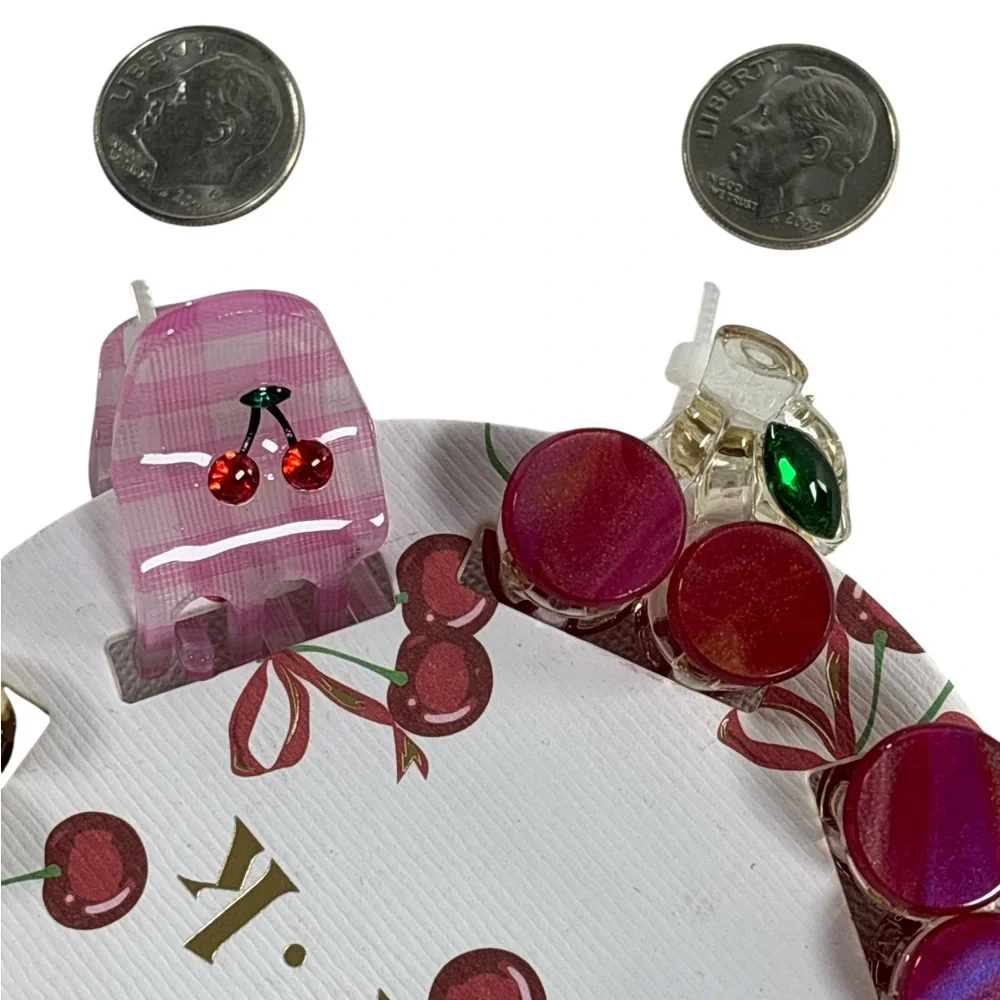 Piper K Cherry Rhinestone Mini Hair Clip Set - Cream, Red and Pink - Picture 4 of 4